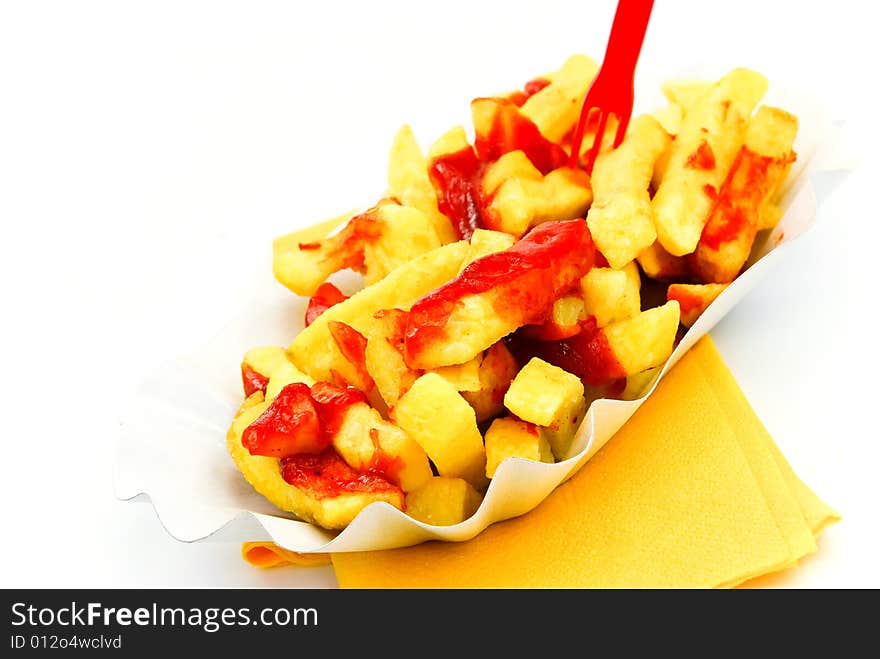 French Fries With Ketchup - Isolated On White Back