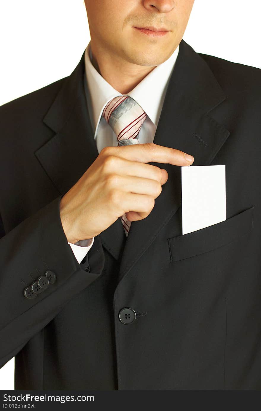 Young businessman holding blank card