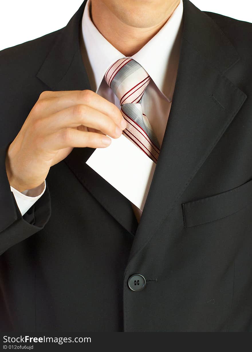 Young businessman holding blank card