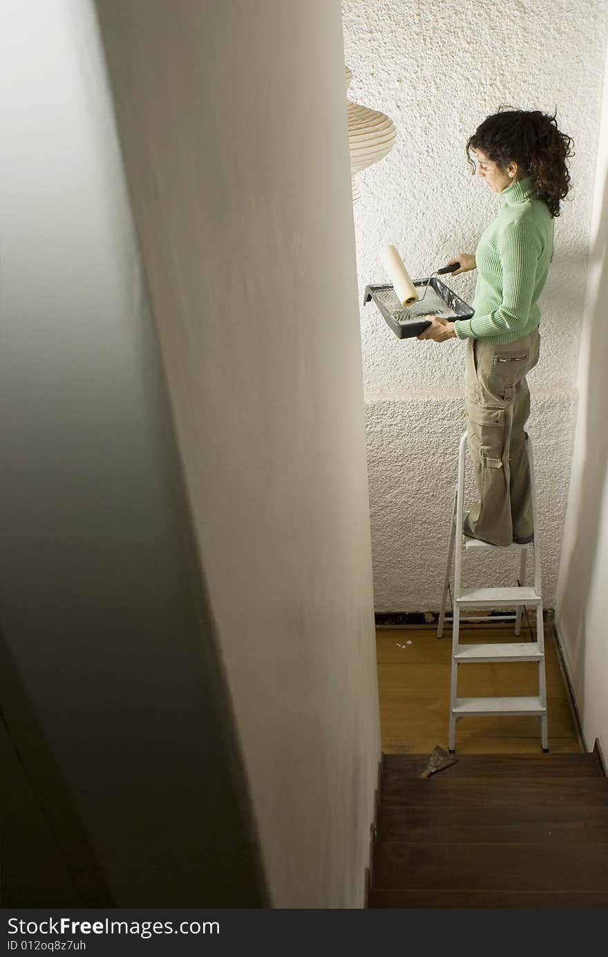 Woman standing on a ladder holding a paint roller and tray. Vertically framed photo. Woman standing on a ladder holding a paint roller and tray. Vertically framed photo.