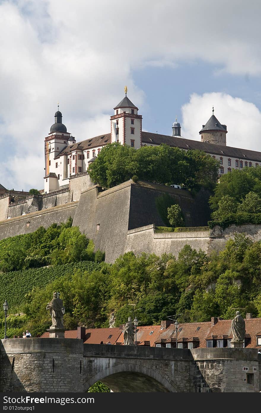 Fortress Marienberg with Old Main Bridge in foreground, in Wurzburg, Germany