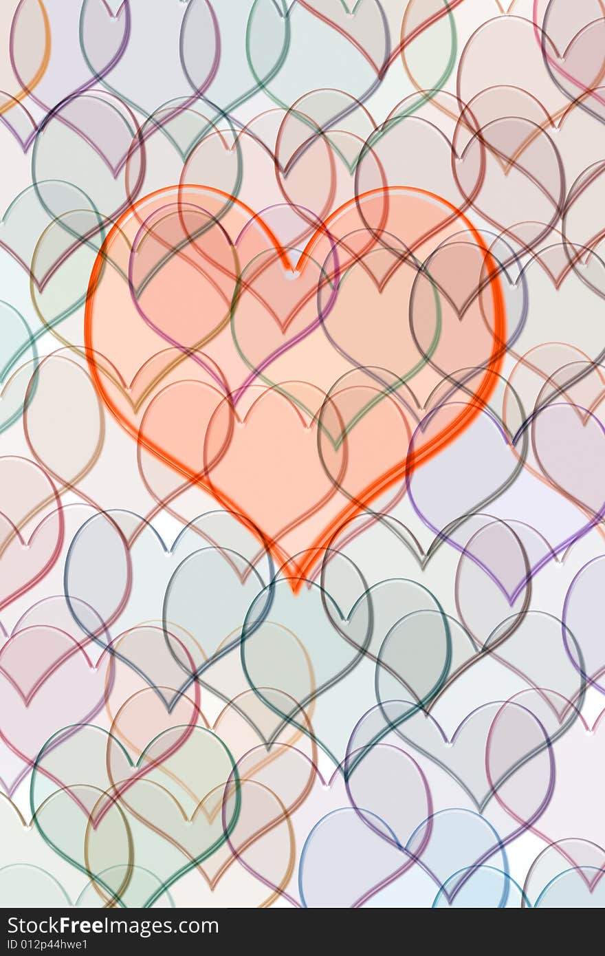 Transparant red heart on background of several pastel coloured smaller hearts. Transparant red heart on background of several pastel coloured smaller hearts