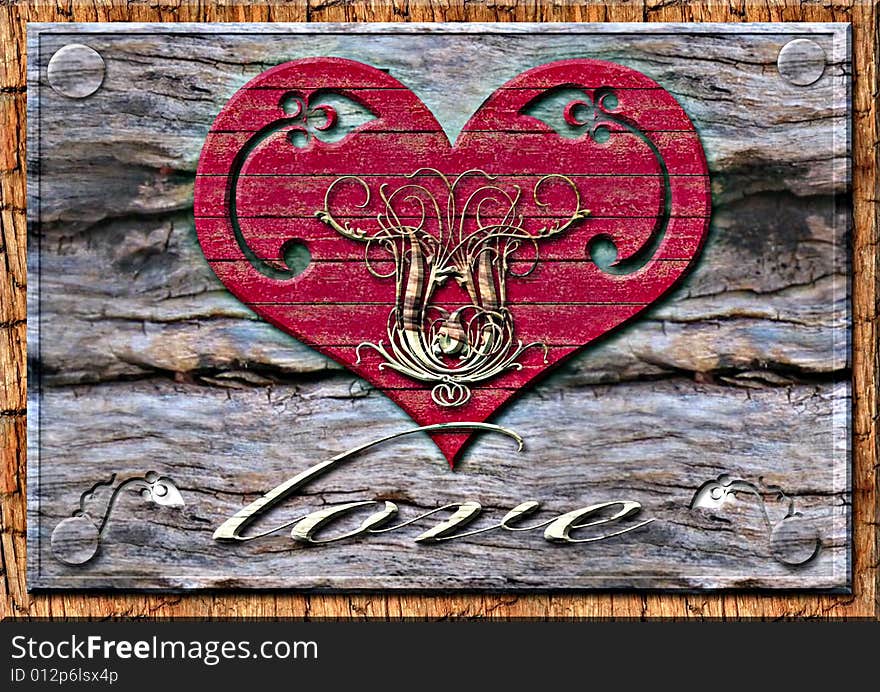 Great creative abstract colorful portrayal of red wooden heart on a wooden background and inscription love. Great creative abstract colorful portrayal of red wooden heart on a wooden background and inscription love.