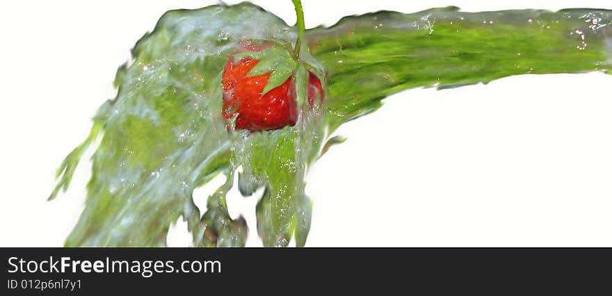 Red color  berry of  strawberry in  stream of water