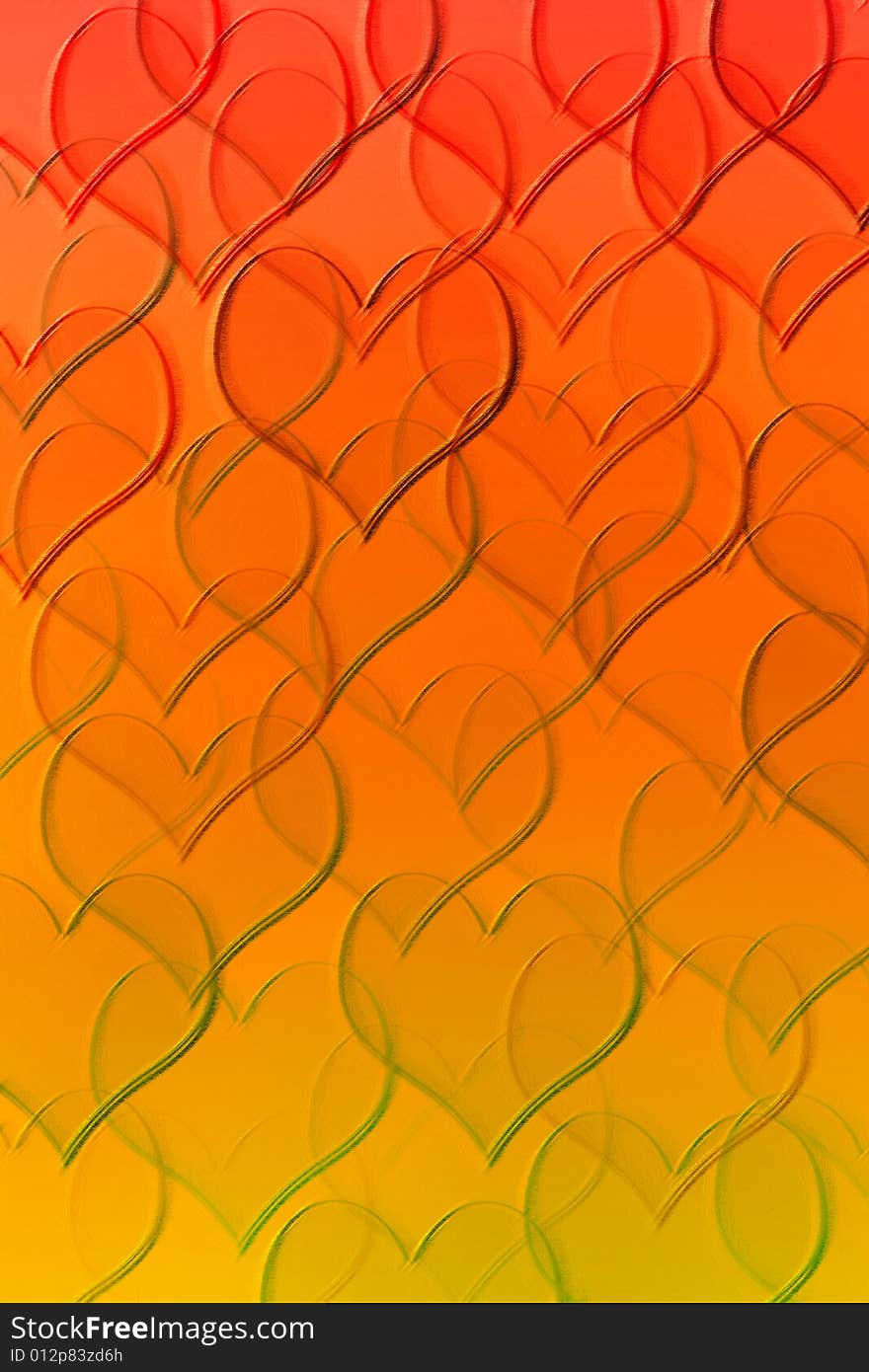 Texture with intertwined glassy hearts on orange to yellow background. Texture with intertwined glassy hearts on orange to yellow background