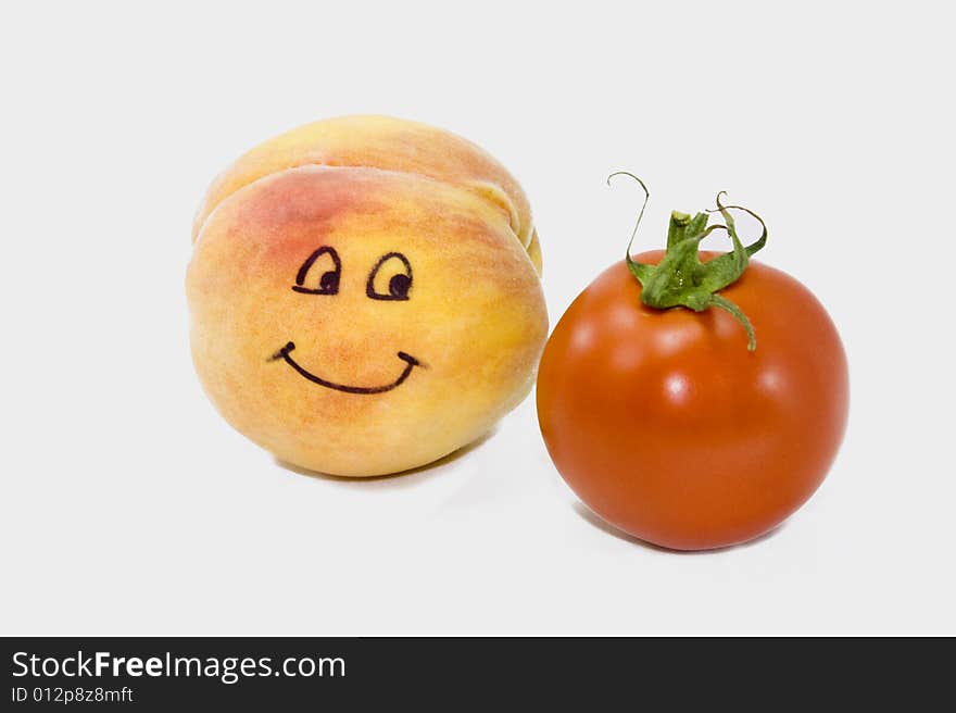 Animated ripe peach and red tomato isolated on white background. Animated ripe peach and red tomato isolated on white background.