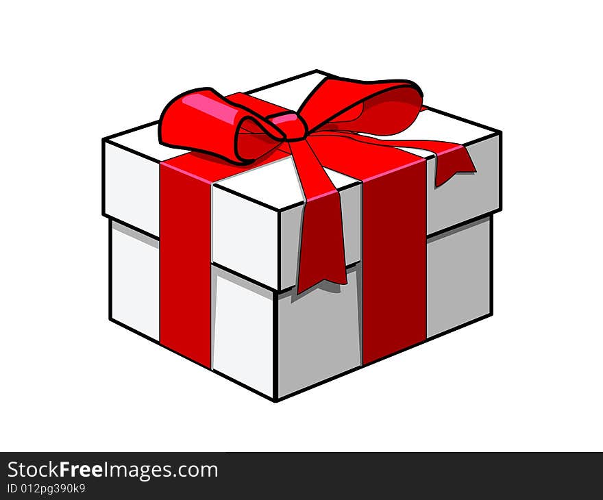 Gift on a white background. A white box tied up red ribbon.