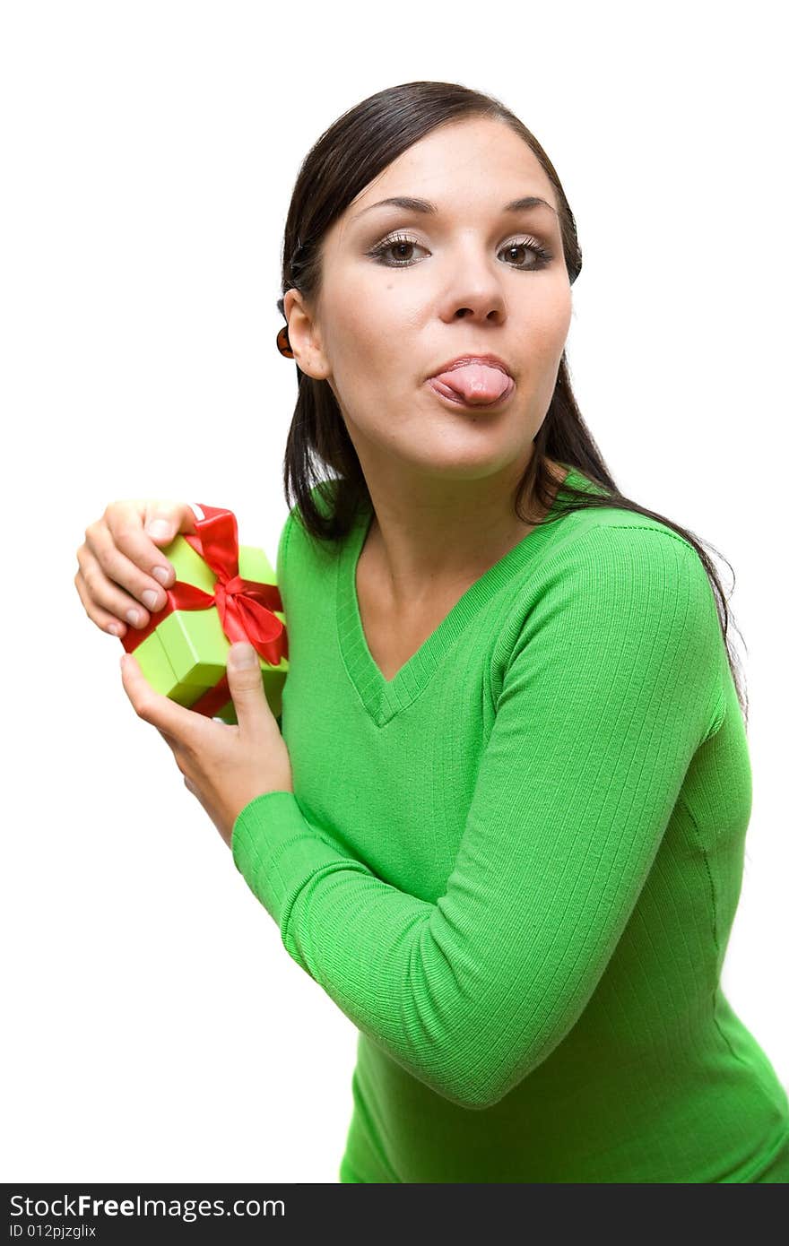 Attractive brunette woman holding gift on white background. Attractive brunette woman holding gift on white background