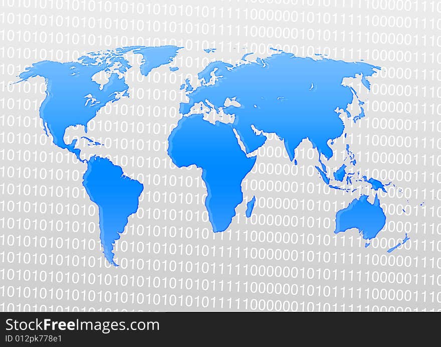 Blue Map of world in binary background. Blue Map of world in binary background