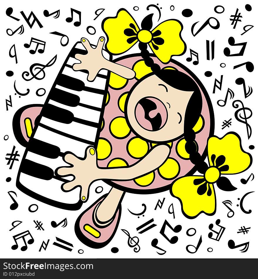 Vector illustration with a little singing girl playing her piano. Vector illustration with a little singing girl playing her piano