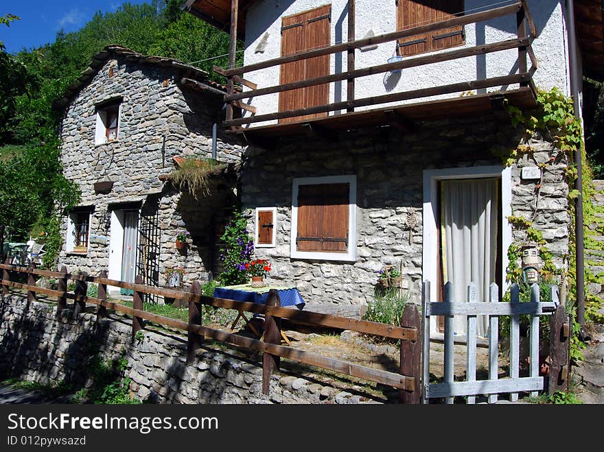 Characteristic mountain homes in Viozene in Piedmont, Italy.