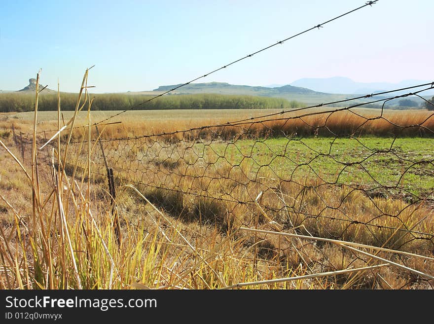 Fence against agriculturial cutted grass fields with mountain horison with blue sky. Fence against agriculturial cutted grass fields with mountain horison with blue sky