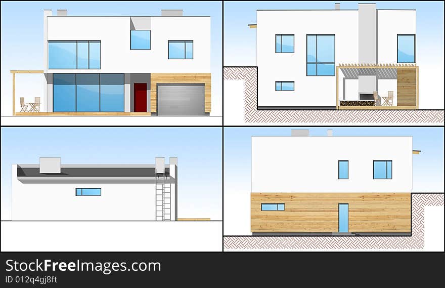 Four 2d sides of an individual modern house. Four 2d sides of an individual modern house