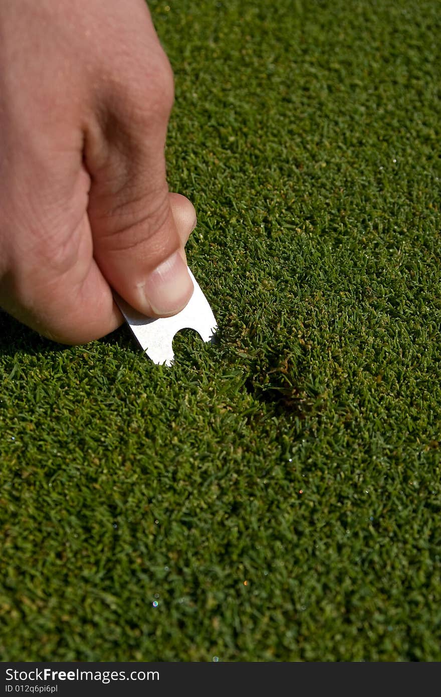 Man s Hand Repairs Divot on Golf Green - Vertical