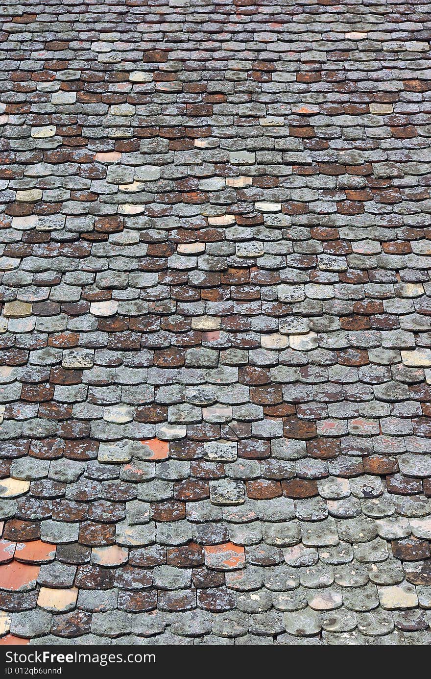 Old tiled roof covered with moss. Old tiled roof covered with moss