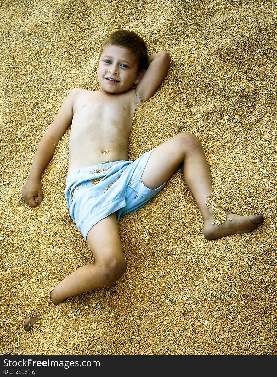 Portrait of cute kid laying in corn seeds. Portrait of cute kid laying in corn seeds