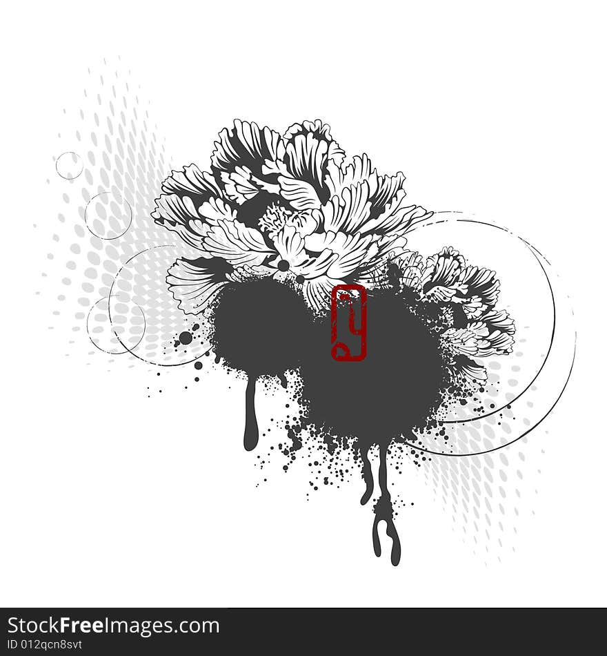 Composition in traditional asian style with peonies and grungy stains. Composition in traditional asian style with peonies and grungy stains