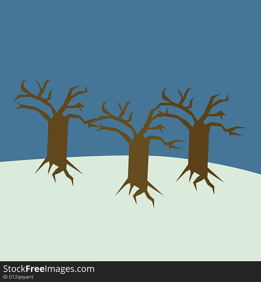 Illustration of three trees on a field during winter. Illustration of three trees on a field during winter