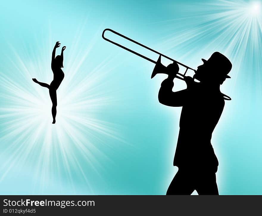 Trumpet player and woman dancer to represent music world. Trumpet player and woman dancer to represent music world