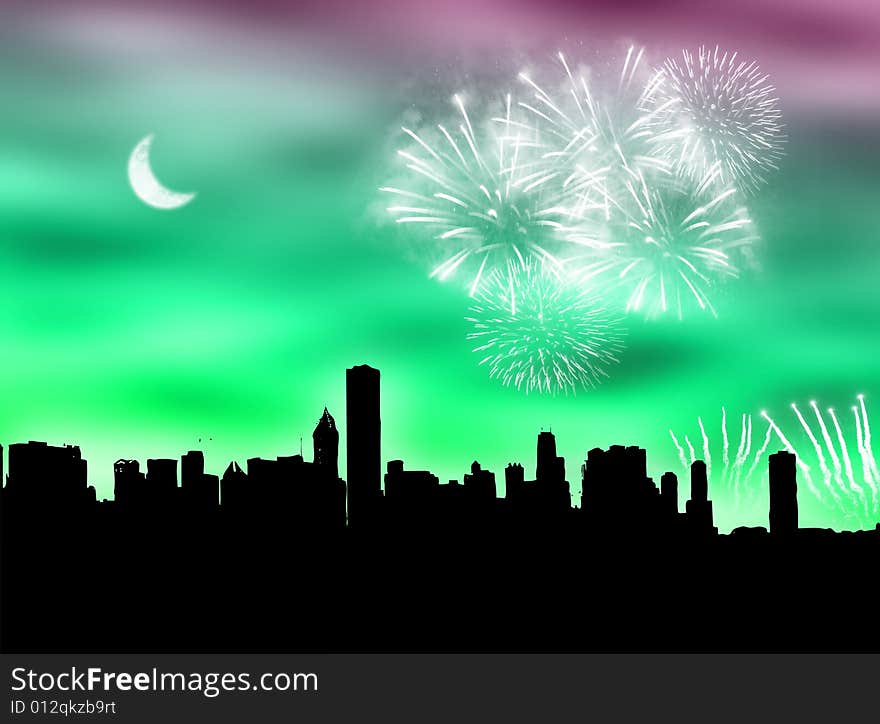 City skyline with fireworks in the cloudy sky. City skyline with fireworks in the cloudy sky