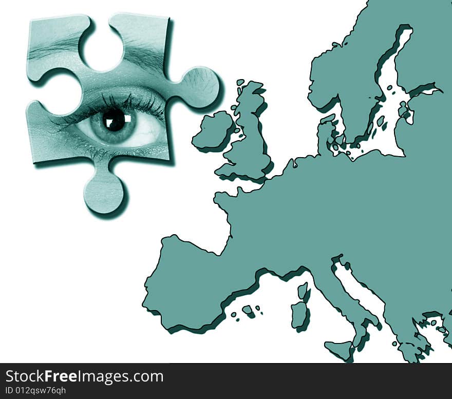 Eye jigsaw piece over map of Europe. Eye jigsaw piece over map of Europe