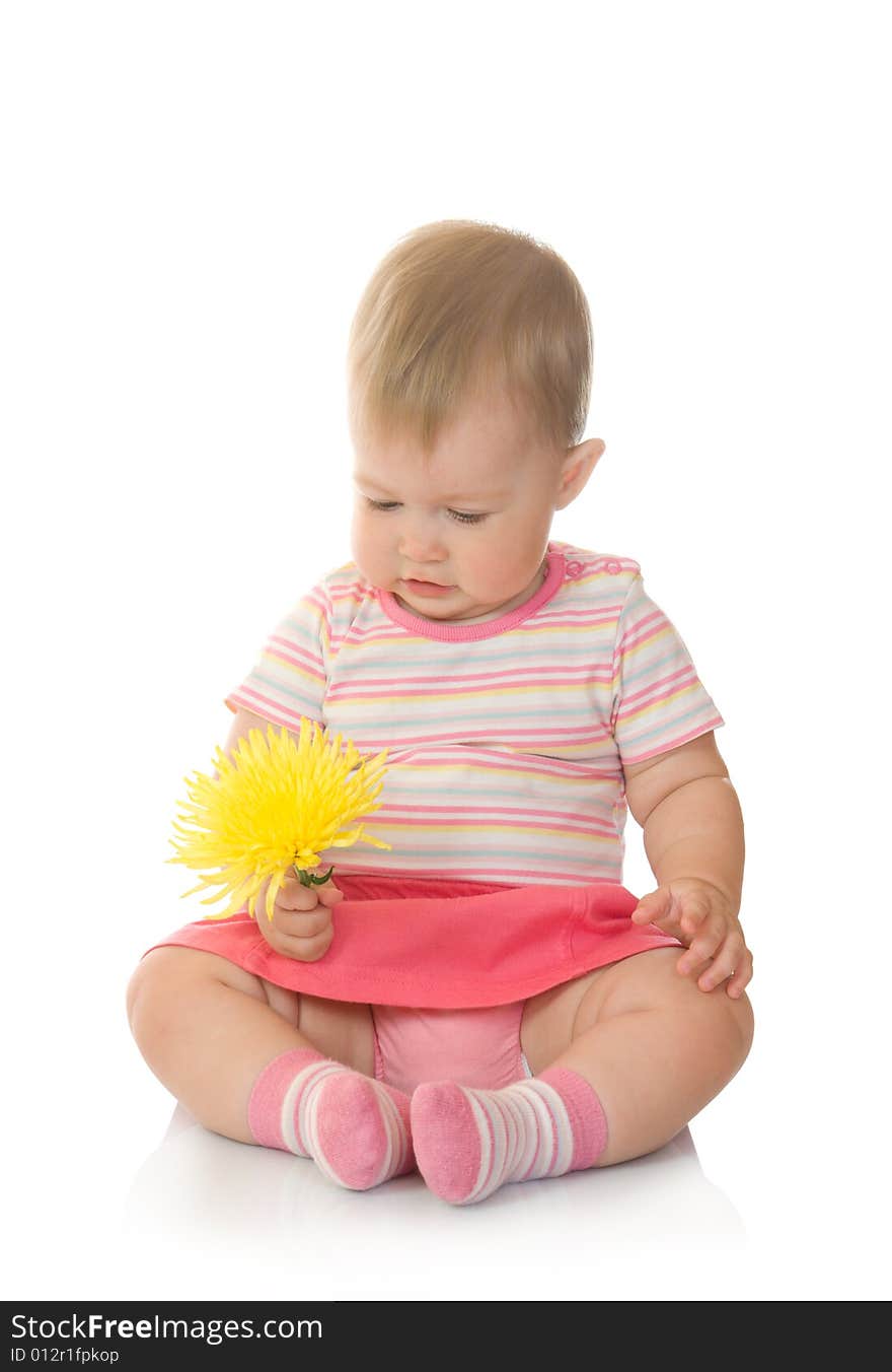 Sitting small baby with yellow flower #3 isolated