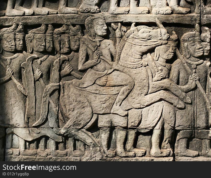 Khmer warriors from the bas-relief of Bayon Temple in the Angkor Area near Siem Reap, Cambodia.