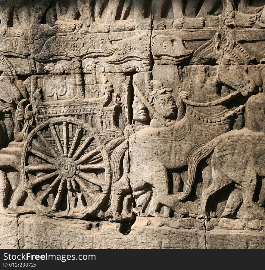 Khmer warriors from the bas-relief of Bayon Temple in the Angkor Area near Siem Reap, Cambodia.