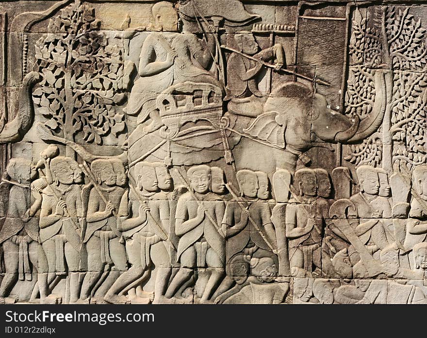 Khmer warriors from the bas-relief of Bayon Temple in the Angkor Area near Siem Reap, Cambodia.