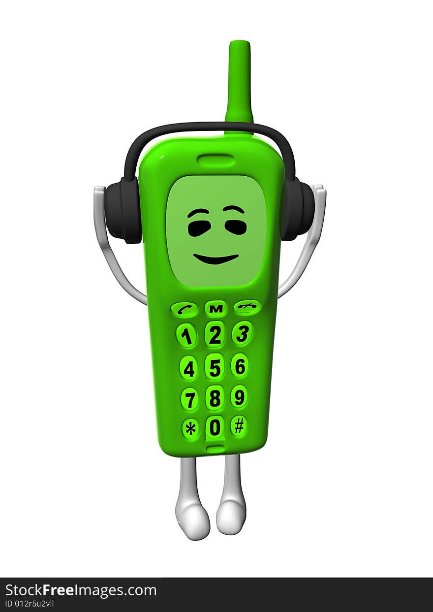 3D isolated happy green mobile phone with hands and legs hear music. 3D isolated happy green mobile phone with hands and legs hear music