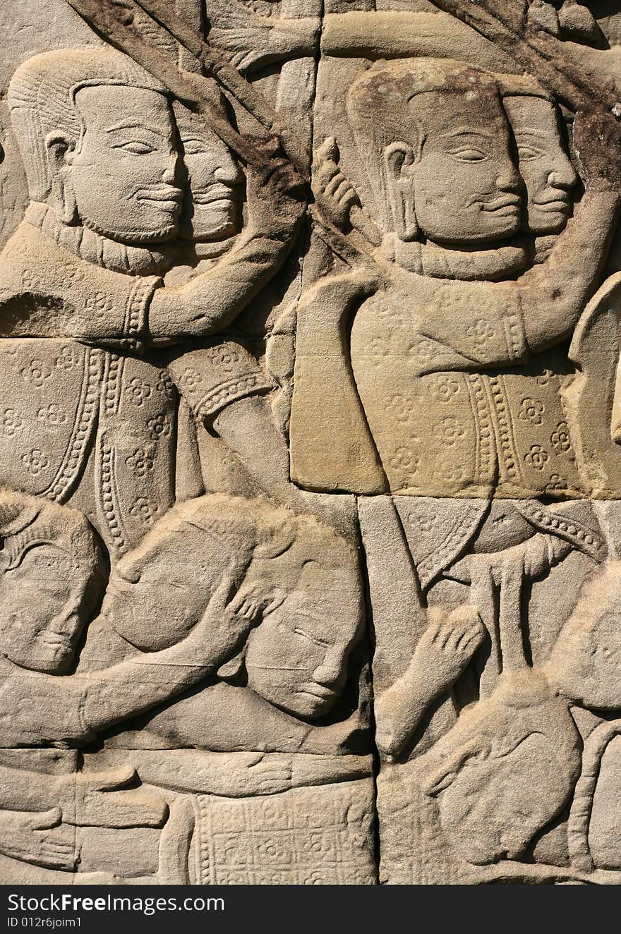 Khmer warriors from the bas-relief of Bayon Temple in the Angkor Area near Siem Reap, Cambodia.