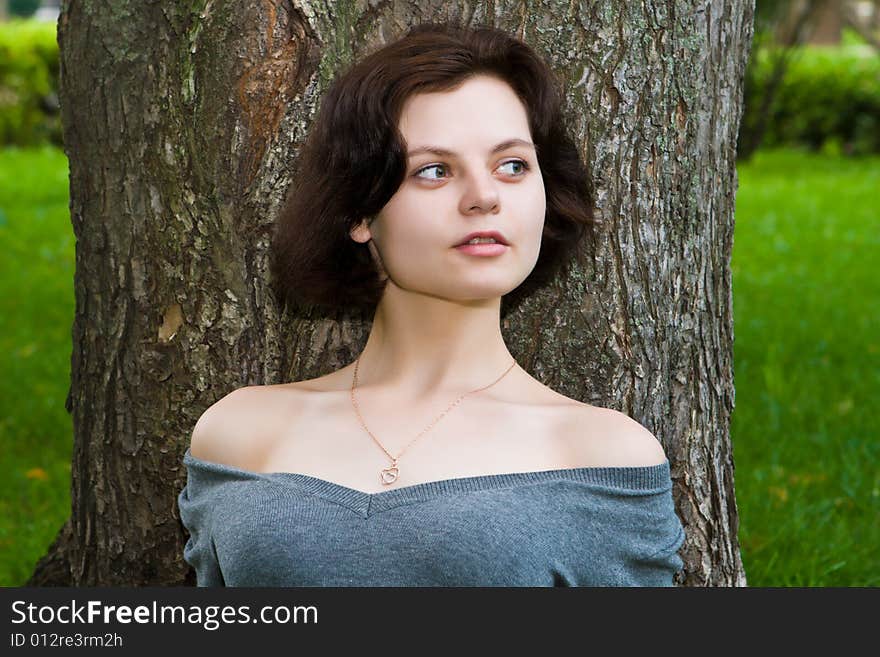 Portrait of the beautiful girl on a background of a tree trunk. Portrait of the beautiful girl on a background of a tree trunk