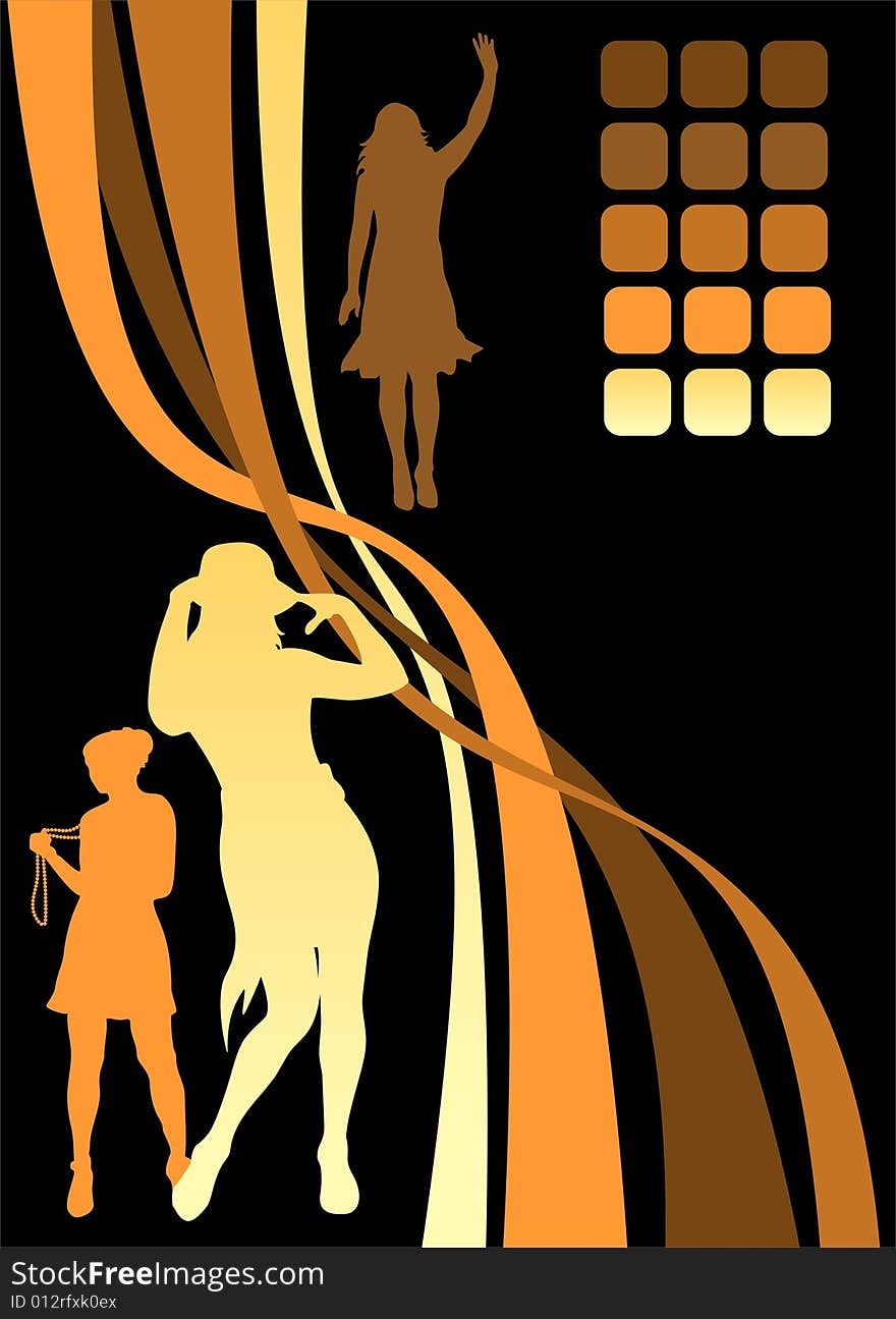 Three women silhouettes on a black striped background. Three women silhouettes on a black striped background.