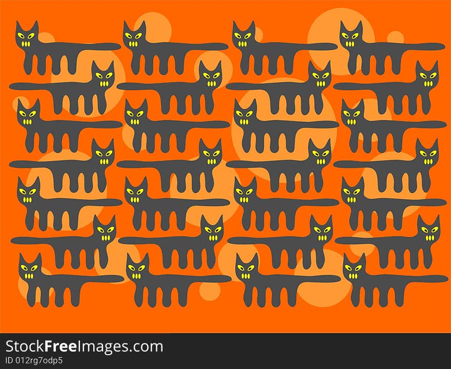 Stylized black cats pattern on a orange  background. Halloween illustration. Stylized black cats pattern on a orange  background. Halloween illustration.