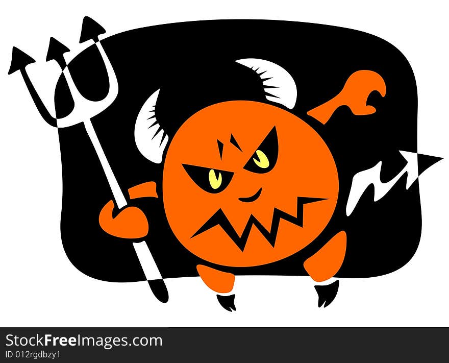 Stylized devil with trident on a black background. Halloween illustration.