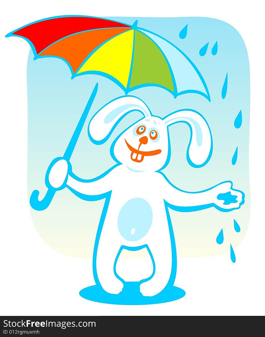 Cartoon rabbit with umbrella isolated on a blue background.