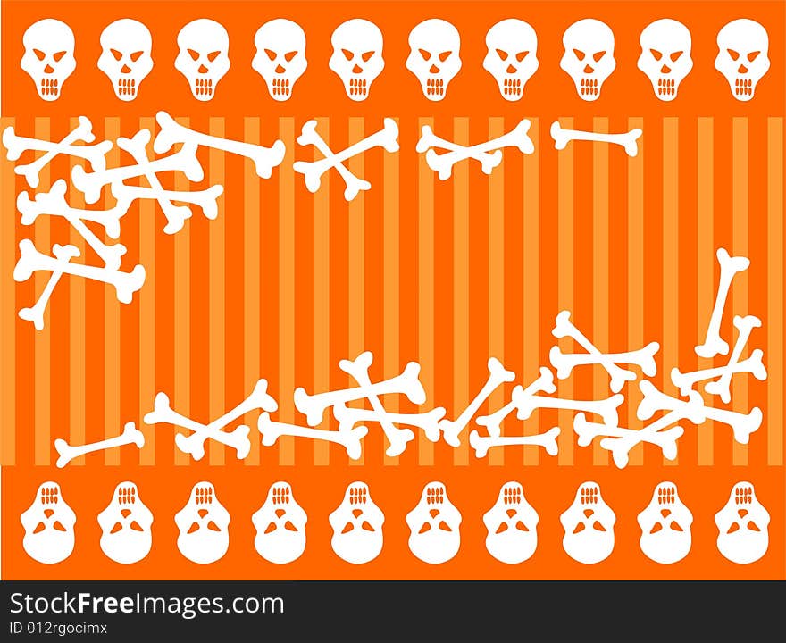 Cartoon skulls and bones on a orange  background. Halloween illustration.