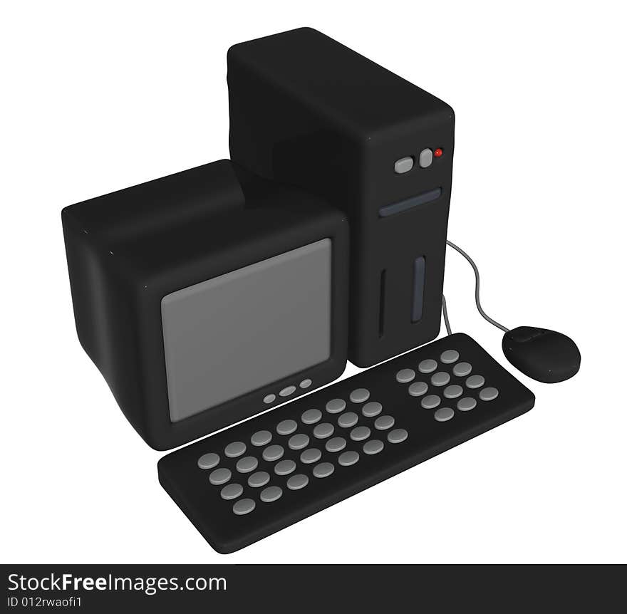 3D isolated black computer with keyboard and mouse maked in cartoon style. 3D isolated black computer with keyboard and mouse maked in cartoon style