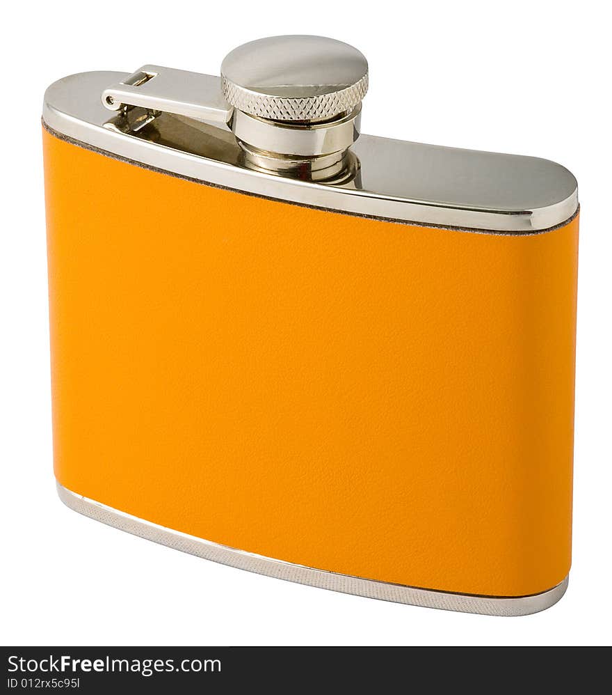 Steel flask with orange leather cover. Isolated on a white background with clipping path.