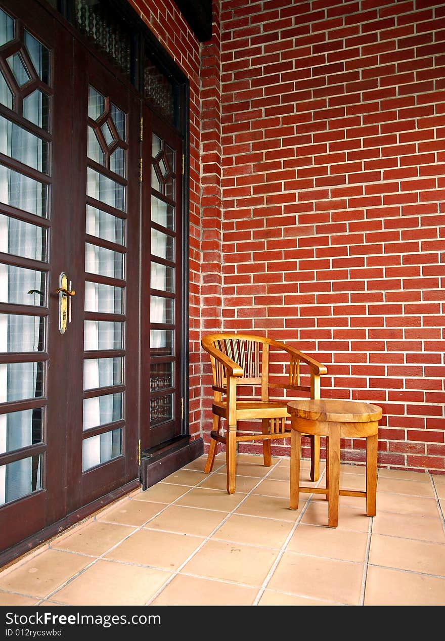 Wooden Chair & Table on resort chalet Balcony. Wooden Chair & Table on resort chalet Balcony