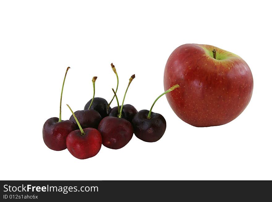 An Apple and Cherries Isolated on White