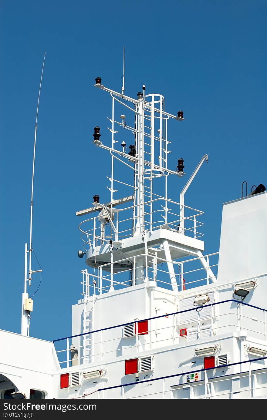 Closeup of antenna and foremast of large ship on the deck. Closeup of antenna and foremast of large ship on the deck