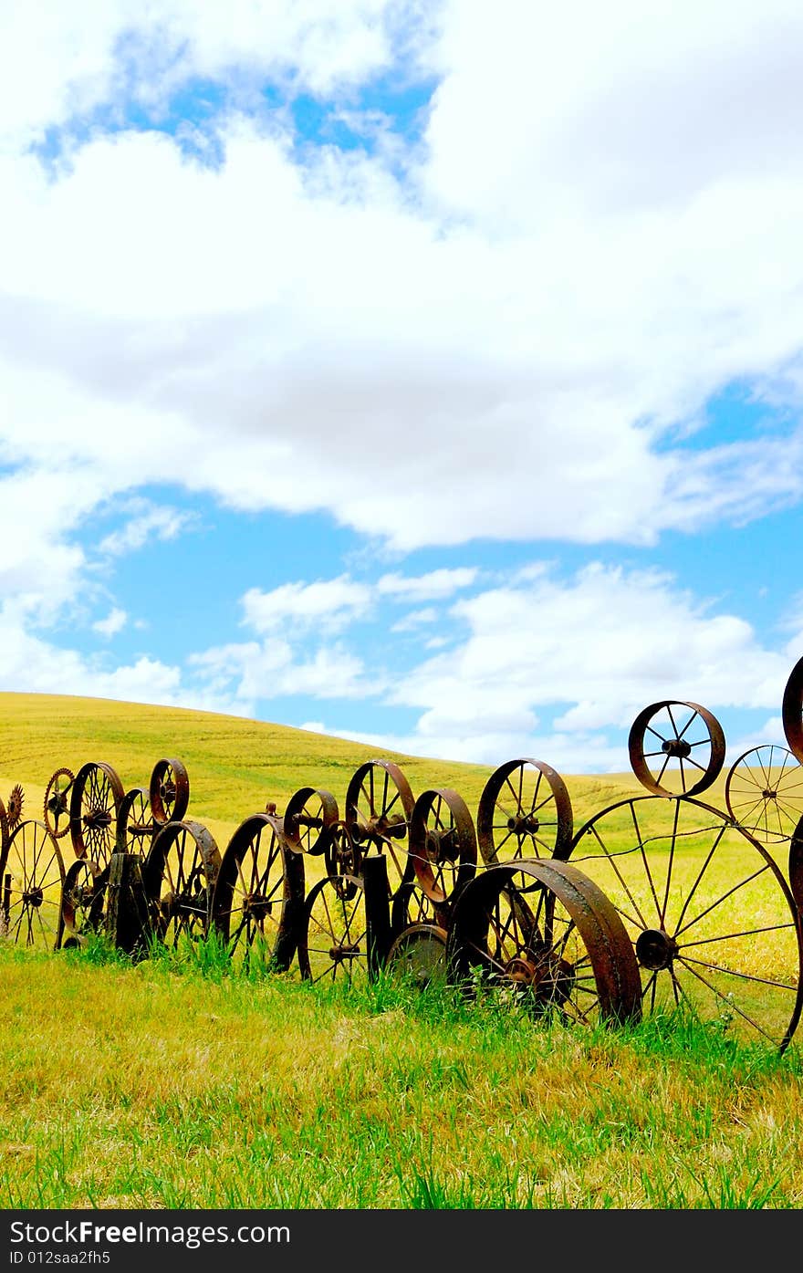 Vertical landscape of wheat fields and Old Wagon Wheel fence under puffy clouds and blue sky. Vertical landscape of wheat fields and Old Wagon Wheel fence under puffy clouds and blue sky