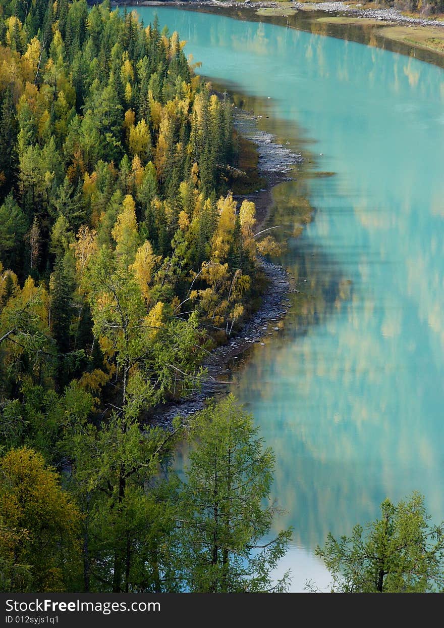 The trees was mirrored in the blue river. The trees was mirrored in the blue river.