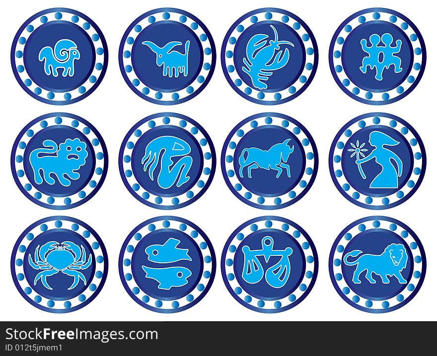 A 6 sets of zodiacs in blue in a white a background.