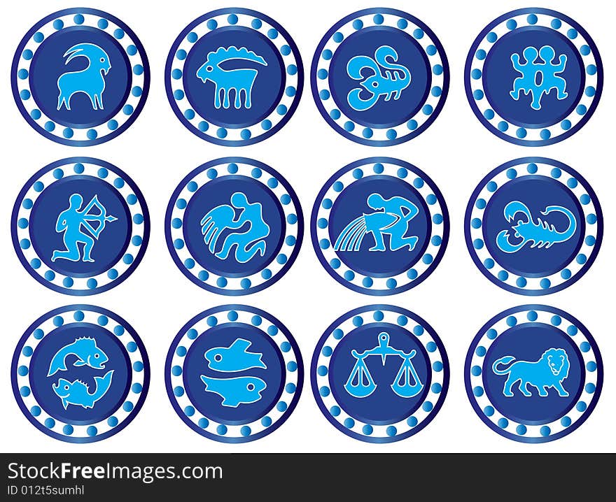 A 6 sets of zodiacs in blue in a white a background.