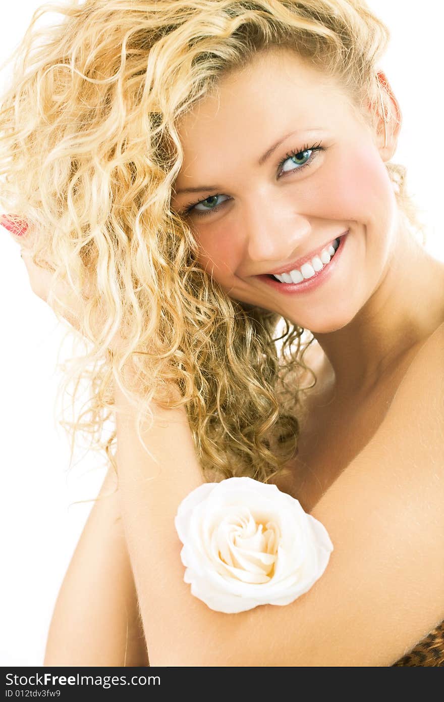 Beauty woman portrait with rose flower over white background