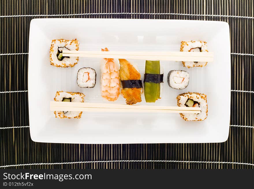 A plate with different kinds of sushi