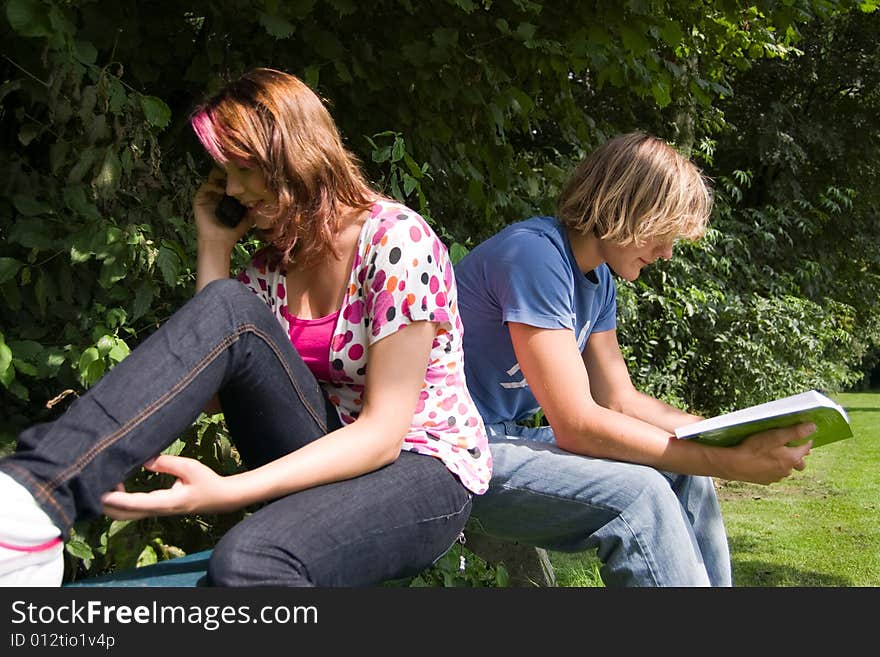 Students studying in a park in the summertime. Students studying in a park in the summertime