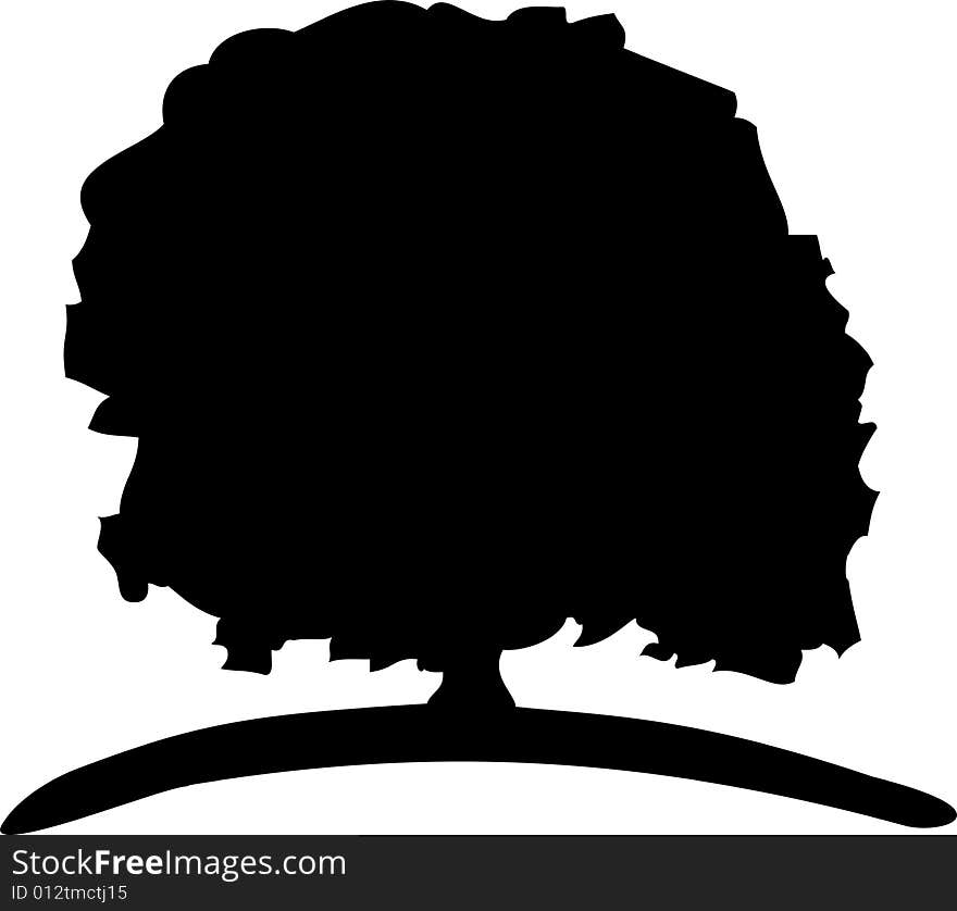 Big tree on a meadow, oak tree, black illustration black and white